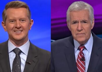 Ken Jennings and Alex Trebek as hosts of Jeopardy!.