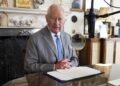 King Charles III recording a VJ Day message in the Morning Room of Clarence House, London. Pic: PA