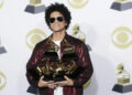 Bruno Mars arrives in the press room with his six Grammy Awards in 2018. File Photo by John Angelillo/UPI