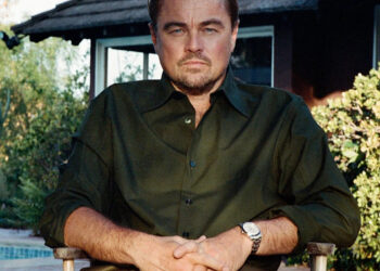 Leonardo DiCaprio in dark collared shirt