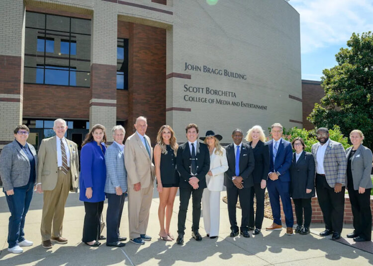 Big Machine Founder and CEO Scott Borchetta joined by Middle Tennessee State University staff, faculty at the College of Media & Entertainment naming event at the university's John Bragg Building, on August 26, 2025