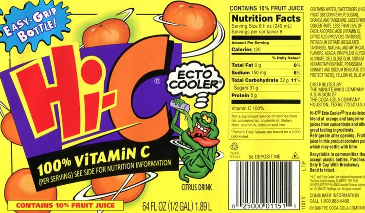 The label for a bottle of Hi-C Ecto Cooler from 1996