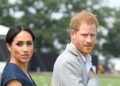 Meghan Markle wears a blue dress next to Prince Harry in khaki coat