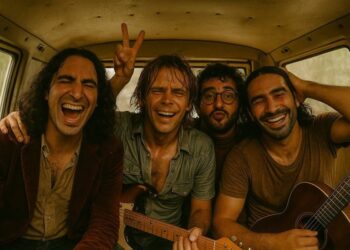 An AI-generated image of for men, dripping with sweat and smiling in the back of a van. Two have guitars in their hands.