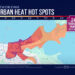 A graphic shows a heat map of New Orleans that highlights urban hot spots throughout the city. In some places, residents feel 9 degrees hotter than in other parts of the city.