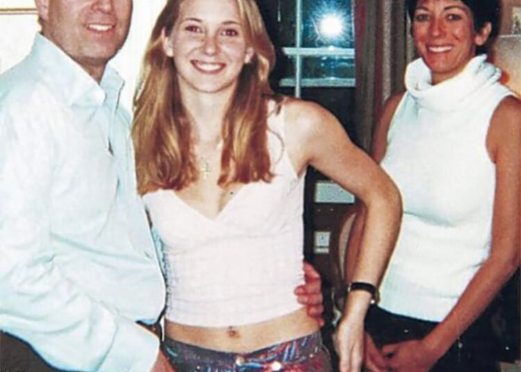 Virginia Giuffre (then Roberts) with Prince Andrew and Ghislaine Maxwell at Prince Andrew's London home in a photo released with court documents.