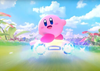 A screenshot from the Kirby Air Riders reveal trailer, showing Kirby waving to the camera.