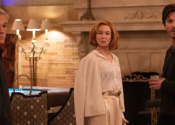 Disney/Patrick Harbron Christoph Waltz, Reneé Zellweger, Logan Lerman on 'Only Murders in the Building'