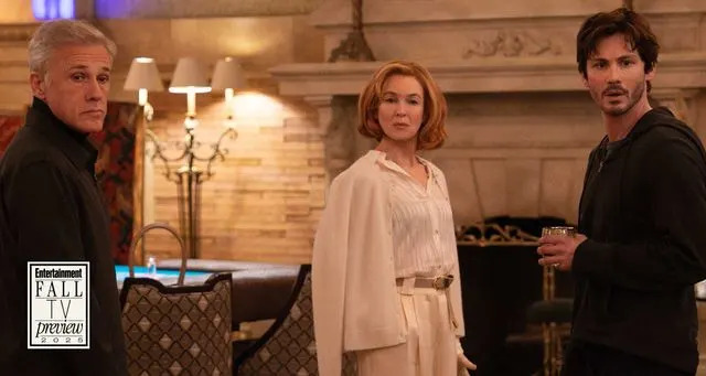 Disney/Patrick Harbron Christoph Waltz, Reneé Zellweger, Logan Lerman on 'Only Murders in the Building'