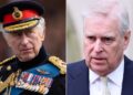 A split side-by-side image of King Charles and Prince Andrew