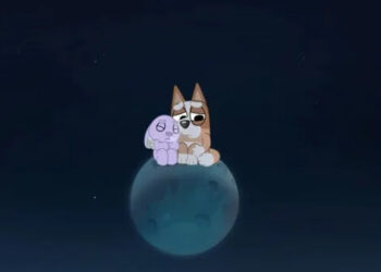 A sad Bingo snuggles Floppy in the Bluey episode, Sleepytime.