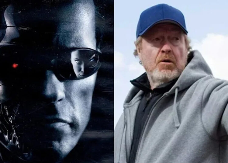 (Left) Poster art for Terminator 3: Rise of the Machines (Right) Ridely Scott directing The Martian