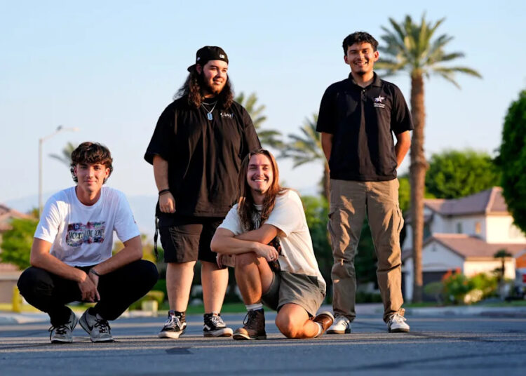 Whitewater band members Ryan Priest, left, Daniel Duardo, Jason Zembo and Emanuel Torres, in Indio, Calif., on August 13, 2025.