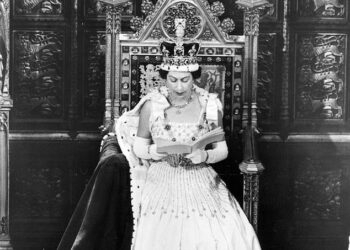The late Queen Elizabeth II delivering her speech in the House of Lords at the State Opening of Parliament in 1966