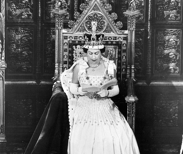 The late Queen Elizabeth II delivering her speech in the House of Lords at the State Opening of Parliament in 1966
