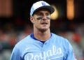 May 2, 2025; Baltimore, Maryland, USA; Kansas City Royals first baseman Mark Canha (21) looks on before a game against the Baltimore Orioles at Oriole Park at Camden Yards. Mandatory Credit: Daniel Kucin Jr.-Imagn Images