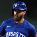 Jul 6, 2025; Phoenix, Arizona, USA; Kansas City Royals outfielder John Rave (26) hits an RBI single against the Arizona Diamondbacks in the fifth inning at Chase Field. Mandatory Credit: Rick Scuteri-Imagn Images