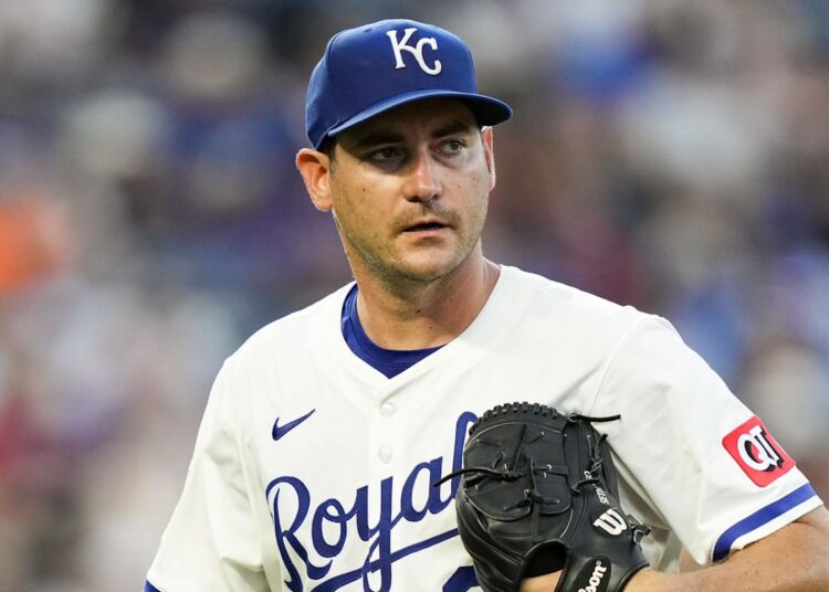 Jul 29, 2025; Kansas City, Missouri, USA; Kansas City Royals starting pitcher Seth Lugo (67) leaves the game during the sixth inning against the Atlanta Braves at Kauffman Stadium. Mandatory Credit: Jay Biggerstaff-Imagn Images