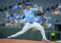 Royals starting pitcher Seth Lugo works against the Washington Nationals at Kauffman Stadium in Kansas City on Wednesday, Aug. 13, 2025.
