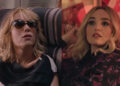 Kristen Wiig in sunglasses on a plane in Bridesmaids next to Chloe Fineman in the SNL Sketch Inventing Chloe.