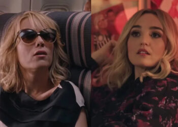 Kristen Wiig in sunglasses on a plane in Bridesmaids next to Chloe Fineman in the SNL Sketch Inventing Chloe.