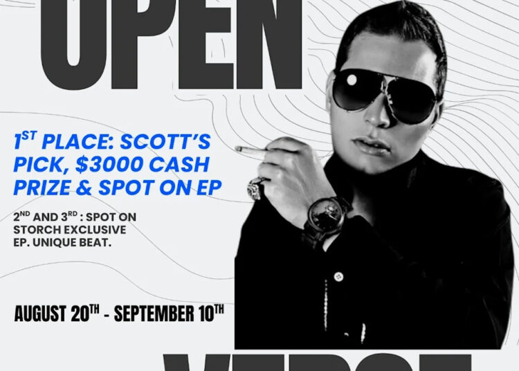 Poster for Openwav's Open Verse contest featuring Scott Storch. Includes contest details and prize information.