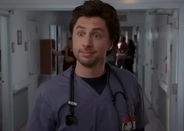 Zach Braff's JD uncomfortably smirking in Scrubs.