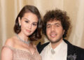 Selena Gomez wears strapless sparkling gown with fiance benny blanco in white suit