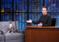 Seth Meyers with his Italian greyhound, Frisbee, on “Late Night With Seth Meyers” in 2021.
