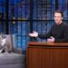 Seth Meyers with his Italian greyhound, Frisbee, on “Late Night With Seth Meyers” in 2021.