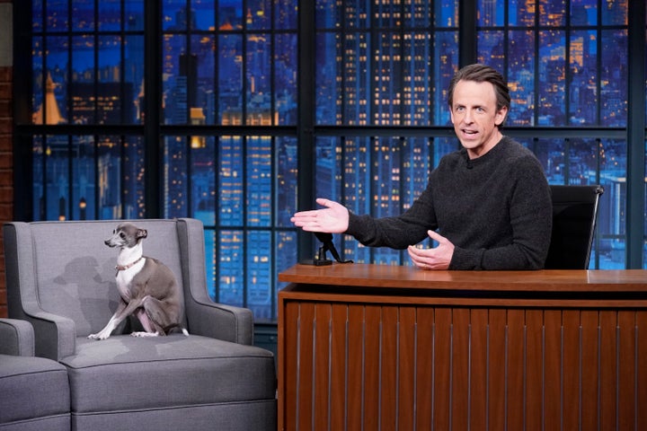 Seth Meyers with his Italian greyhound, Frisbee, on “Late Night With Seth Meyers” in 2021.