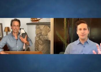 Seth Meyers, dog Frisbee, and Andy Samberg on 'Late Night With Seth Meyers,' NBC, July 2020.