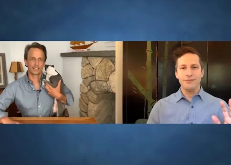 Seth Meyers, dog Frisbee, and Andy Samberg on 'Late Night With Seth Meyers,' NBC, July 2020.