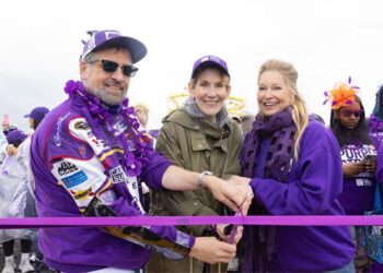 Celebrities Kitty Swink and Lisa Niemi Swayze cutting the ribbon at PanCAN PurpleStride 2025 in Santa Monica, CA