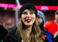 Recording artist Taylor Swift celebrates after the AFC Championship game against the Buffalo Bills at Arrowhead Stadium.Mark J&period; Rebilas-Imagn Images