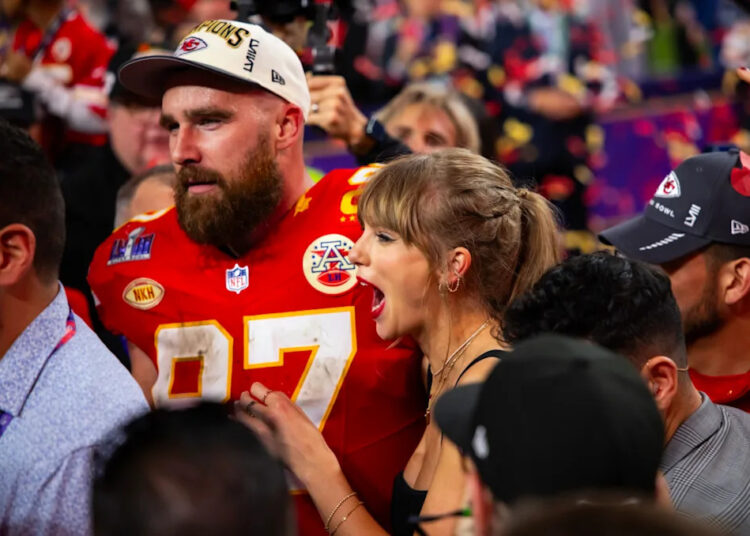 Chiefs tight end Travis Kelce and Taylor Swift at Allegiant Stadium after the 2024 Super Bowl.Mark J&period; Rebilas-Imagn Images