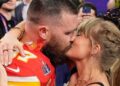 Kansas City Chiefs tight end Travis Kelce (87) and Taylor Swift kiss after the Chiefs defeated the San Francisco 49ers in the NFL Super Bowl 58 football game on Feb. 11, 2024, in Las Vegas. (AP Photo/John Locher, File)
