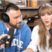 Travis Kelce looks at Taylor Swift during Wednesday's episode of New Heights.