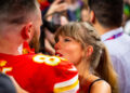 Kansas City Chiefs tight end Travis Kelce celebrates with girlfriend Taylor Swift. <br>Mark J. Rebilas-Imagn ImagesMark J&period; Rebilas-Imagn Images