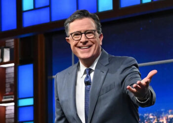Stephen Colbert looking into the camera during The Late Show.