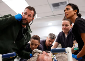 Noah Wyle, far left, and Supriya Ganesh, far right.