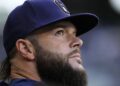 Jul 10, 2024; Milwaukee, Wisconsin, USA;  Milwaukee Brewers pitcher Dallas Keuchel (60) looks on during the first inning against the Pittsburgh Pirates at American Family Field. Mandatory Credit: Jeff Hanisch-Imagn Images