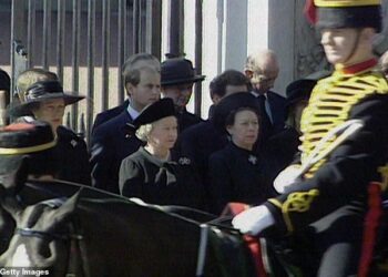 The Queen is pictured next to Princess Margaret at Princess Diana's funeral on September 6, 1997
