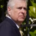 Prince Andrew in a dark suit and yellow tie, in profile, outdoors with green leaves in the background