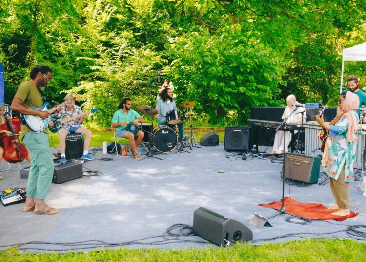 Musicians perform on a blanket in a park