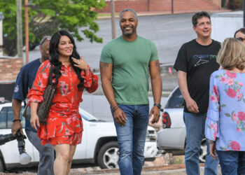 HGTV Rock the Block contest Egypt Sherrod, left, and Mike Jackson, HGTV personalities from the television show Married to Real Estate, walk with Jeff Ellis of Closet Pro in Williamston to visit to get a taste of downtown Anderson Saturday, April 23, 2022. The couple met Mayor Terence Roberts, Rock this Block contest partner Jeff Ellis of Closet Pro in Anderson County, and visited the art of Chadwick Boseman on display at Carolina Wren Park.