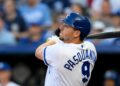 Kansas City Royals' Vinnie Pasquantino at bat during the first inning of a baseball game against the Toronto Blue Jays, Monday, April 3, 2023, in Kansas City, Mo.