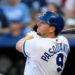 Kansas City Royals' Vinnie Pasquantino at bat during the first inning of a baseball game against the Toronto Blue Jays, Monday, April 3, 2023, in Kansas City, Mo.
