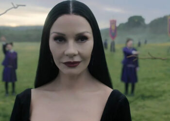 Morticia outside during the day in Wednesday Season 2.
