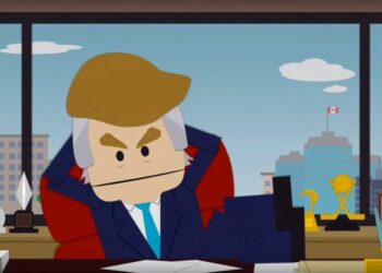 A cartoon of a man in  a suit in the oval office